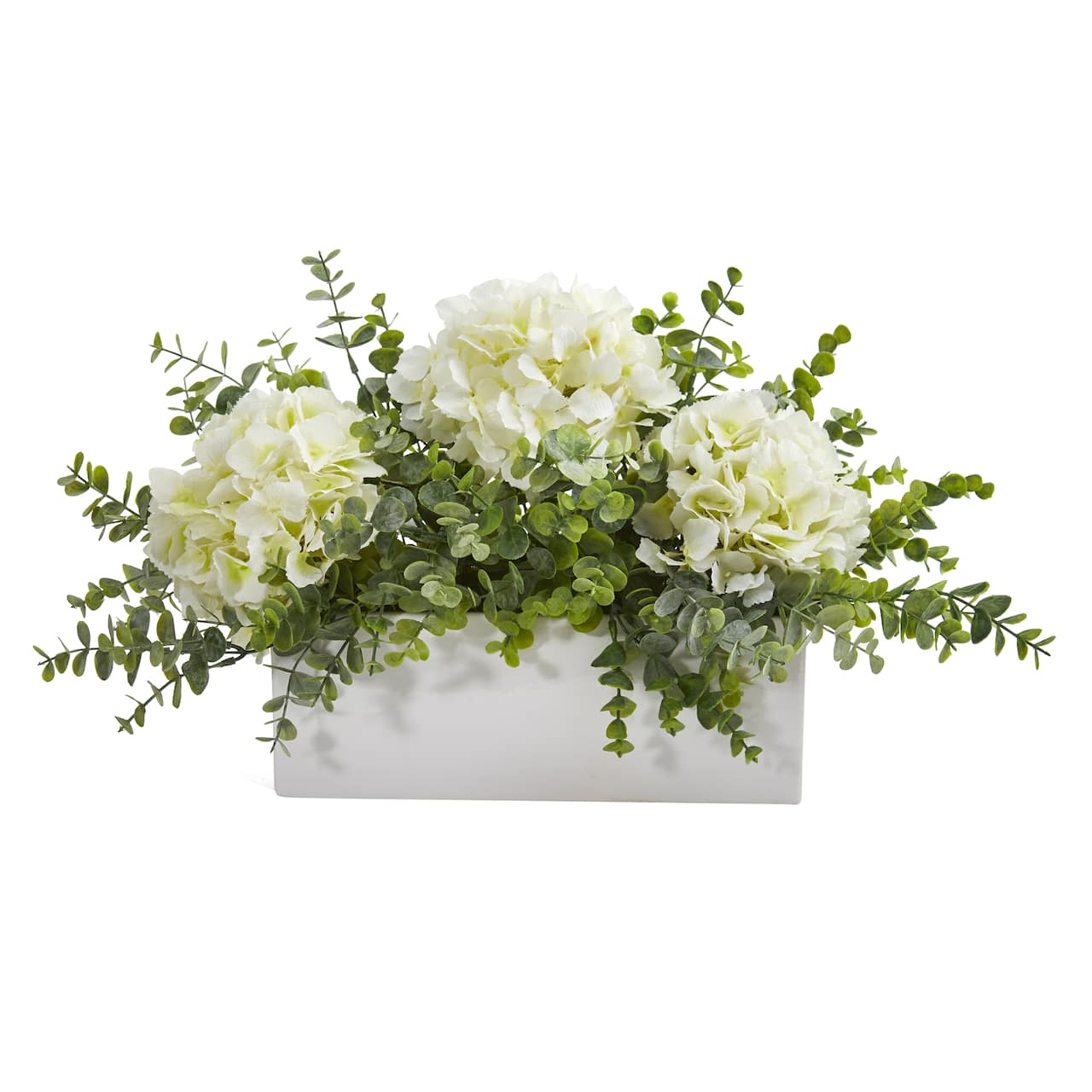 15" Hydrangea & Eucalyptus Artificial Arrangement In White Vase